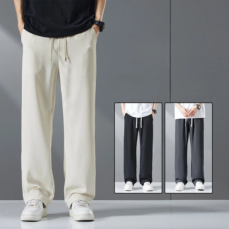 Size M-5XL Loose Straight Mens Casual Pants Fashion Streetwear Korean Cool Ice Silk Trousers Quick-dry Jogging Man Sweatpants