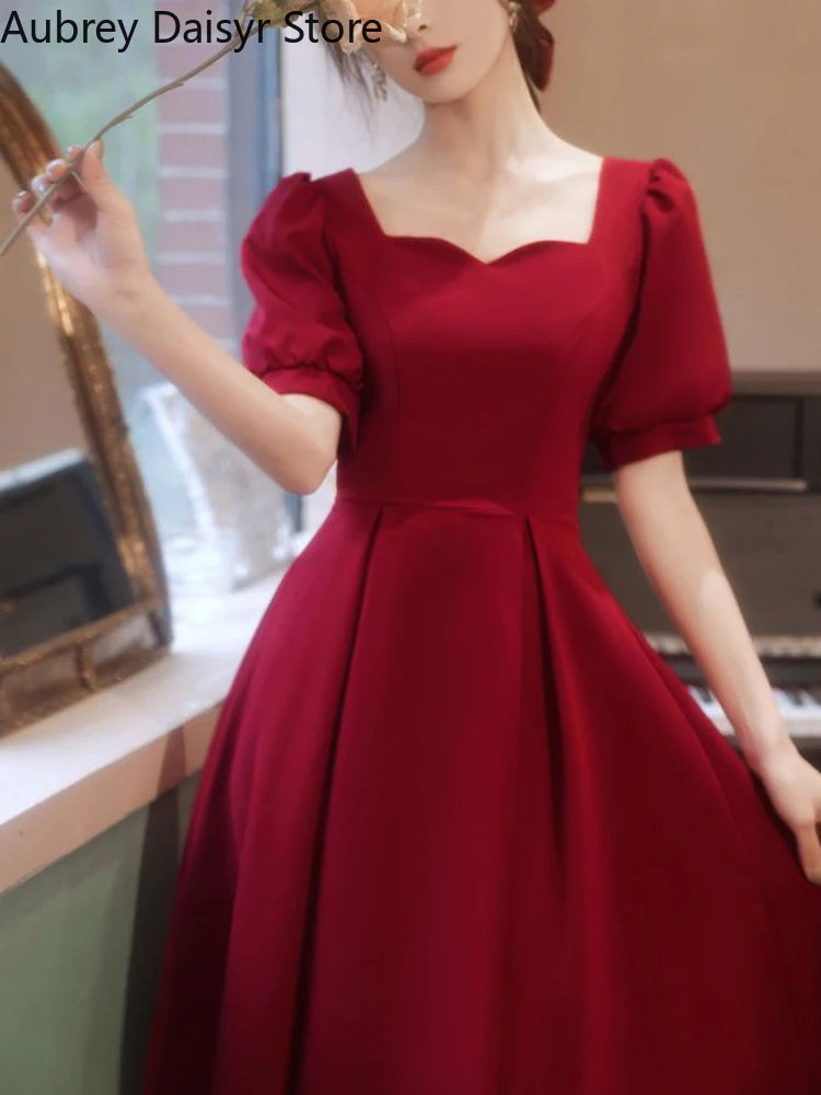 Elegant Red Midi Dress Women Summer Korean Vintage Evening Party Dress French Casual Fashion Formal Occasions One Piece Dress