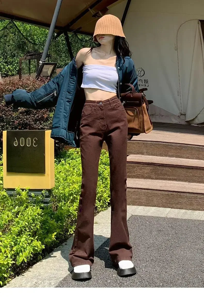 New Arrival Autumn High-Waisted Slimming Straight-Leg Jeans For Women Loose-Fit Brown Smoke Pants Trendy Fashion Denim Pants