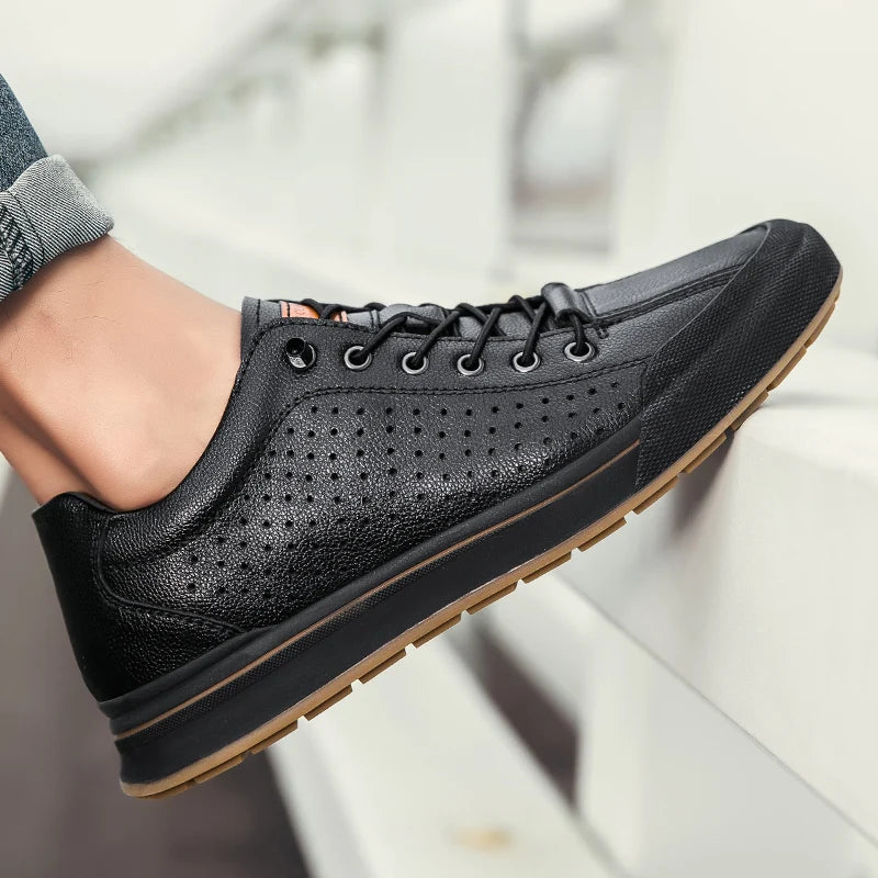 New Men's Leather Breathable Casual Shoe  Outdoor Perforated Laced Flat Shoe  Lightweight  Soft -Soled Comfortable Walking Shoes