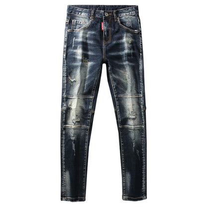 Men Jeans Retro Black Blue Elastic Slim Fit Ripped Jeans