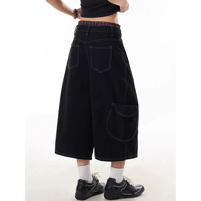 ZHIZOU American Black Jeans for Women High Waisted Wide Leg Baggy Cargo Denim Shorts 2000s Y2k Vintage Streetwear Short Jeans