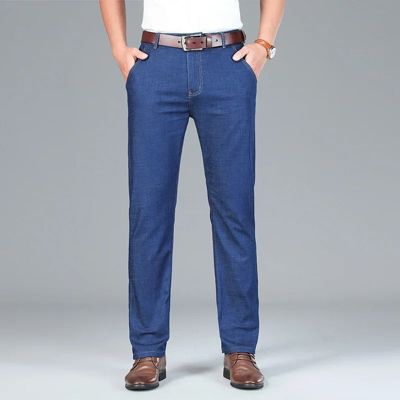 Men's Ice Silk Jeans Summer New Lyocell Thin Business Casual Denim Pants Classic All Match Slim Fit Straight Elastic Jean Male
