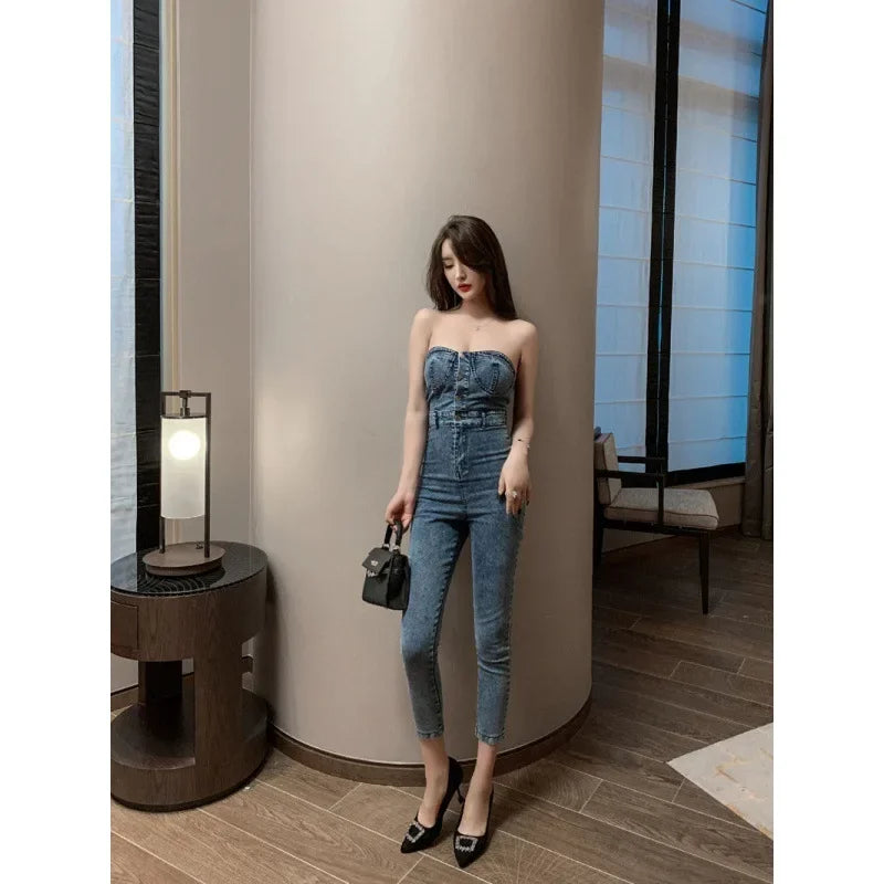 2023 Summer New Style Korean Version High-waisted Strapless Slimming Jeans For Women Small Foot Jumpsuit