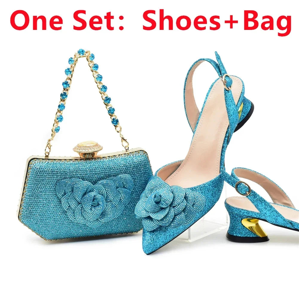 Fashion Shoe and Bag Set for Nigeria Party Italy Luxury Italian Shoes and Bag Set for Women Rhinestone Pumps Women Shoes Luxury
