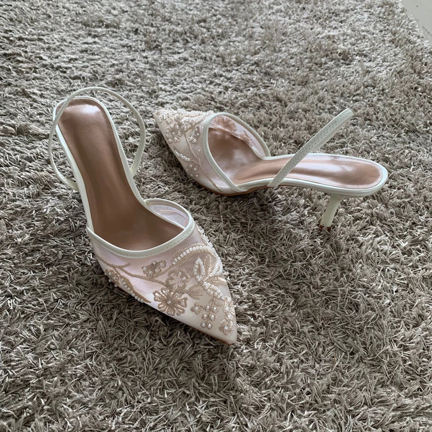 Mesh Embroidered Thin High Heels Sandals Women 2025 Summer Sexy Slingback Pointed Toe Pumps Dress Shoes Woman Sandalias De Mujer