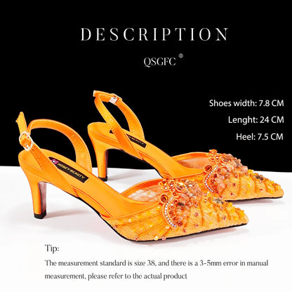 Elegant Women Heels Shoes And Bag Set Rhinestone with Coral Shoes