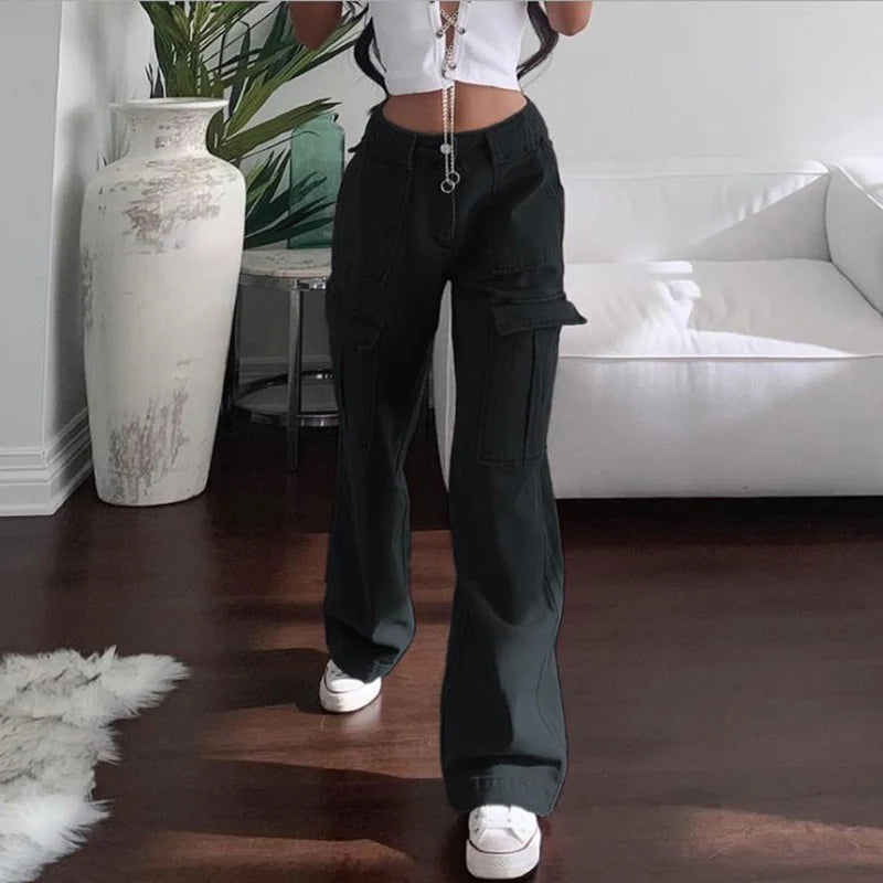 Women Wide Leg Baggy Brown Jeans Lady Vintage Y2K Punk High Waist Loose Denim Cargo Pants Streetwear Pockets Oversized Trousers