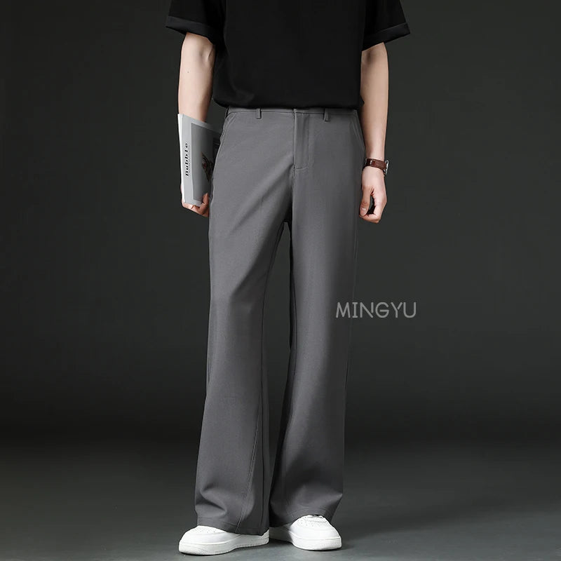 Brand Clothing Summer Smooth Flare Pants Men Business Elastic Waist Suit Flared Trousers Male Korean Work Office Plus Size S-4XL
