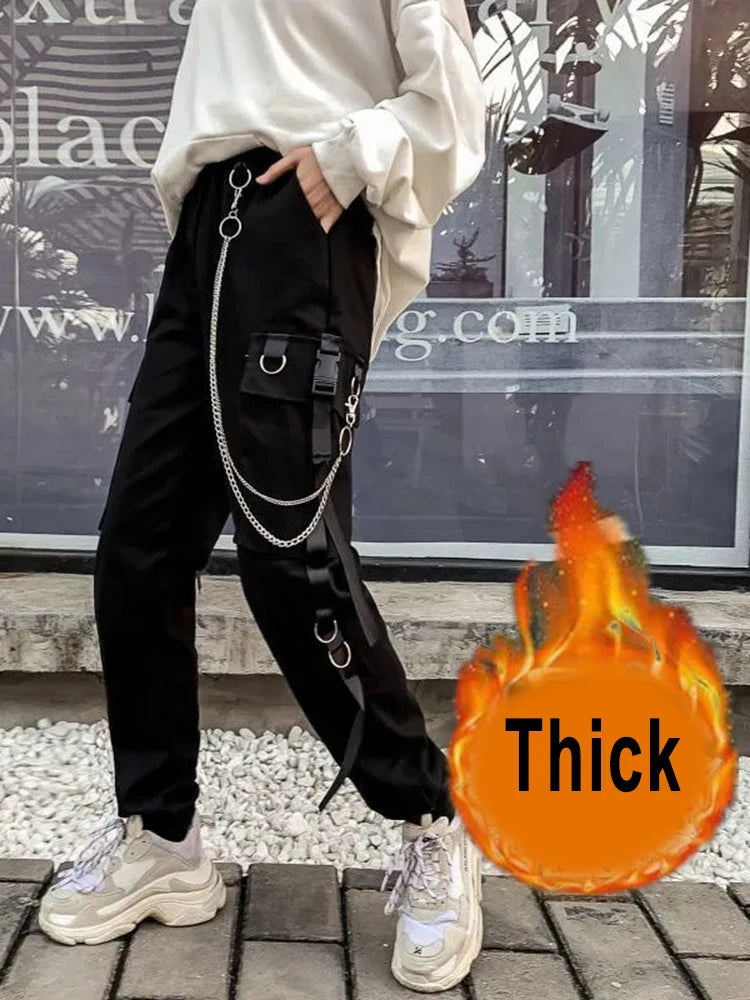 ZOKI Gothic Women Cargo Pants Black Joggers High Waisted Harajuku Harem Pants