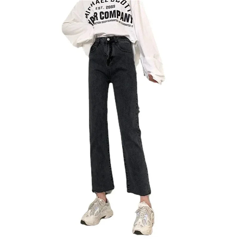 High Waist Elastic Denim Jeans Women's Loose Straight Slimming Student Versatile Small Size Nine Tube Pants Trendy