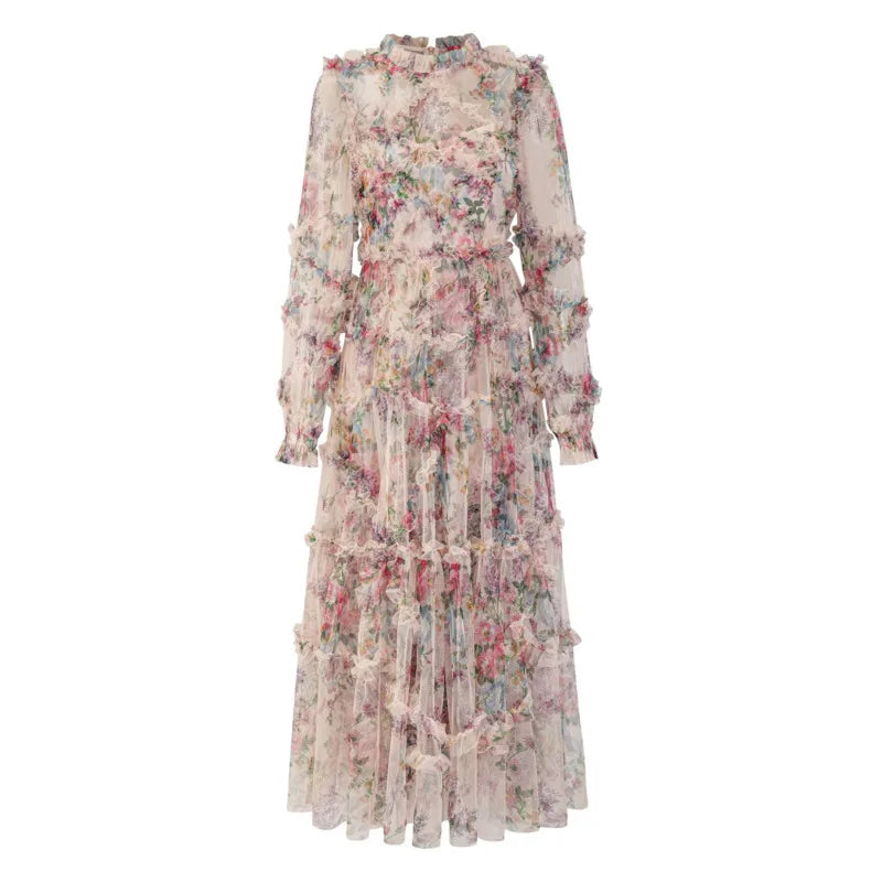 Women's Tide Long Sleeve Skirts Floral Organza Pleated