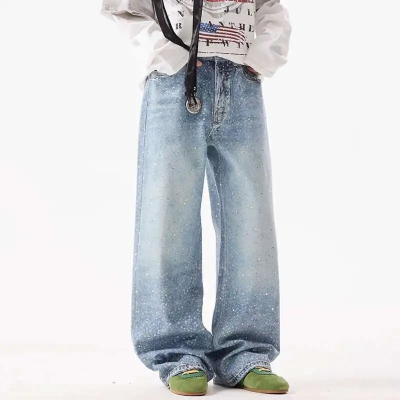 PFNW American Rhinestone Printed Design Vintage Jeans Men's Streetwear Hip Hop Mens Clothing Loose Wide Leg Pants Trendy 28W4644