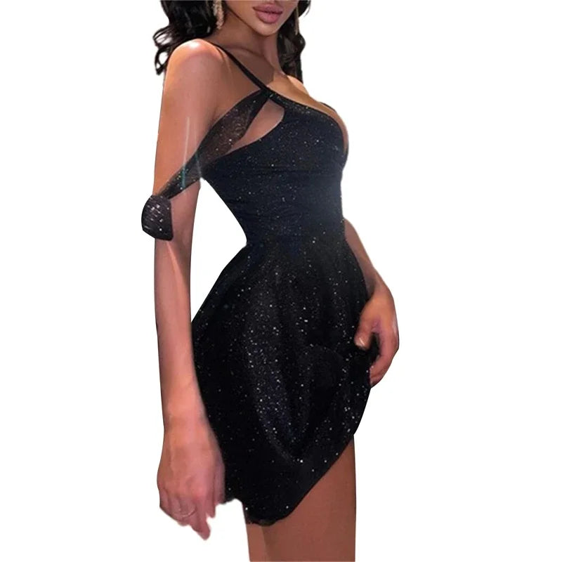 Cocktail Club for Ladies Vintage A-line Dress Women Shiny Party Mini Dress