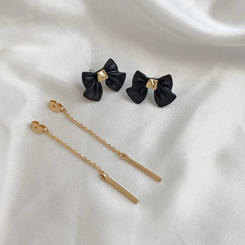 Black Bowknot Chain Tassel Long Pendant Earrings for Women