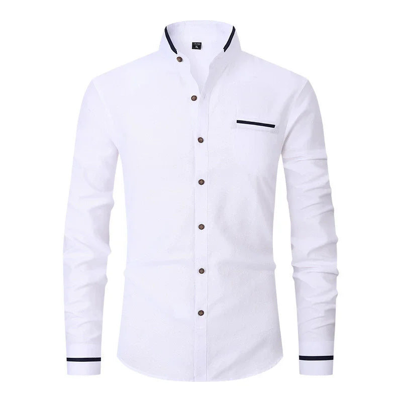 New Fashion Patchwork Long Sleeeve Casual Shirts Men Stand Collar Slim Fit Blouses High Quality Spirng Autumn Male Dress Shirt