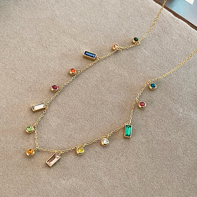 Light Luxury Stainless Steel Colorful Zircon Dopamine Short Collar Chain Necklace