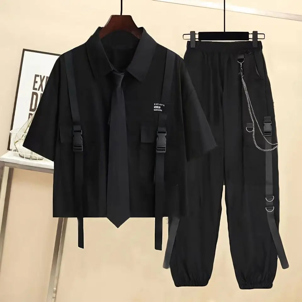 Cargo Pants with Chain 2 Piece Sets White Black Harajuku Shirt