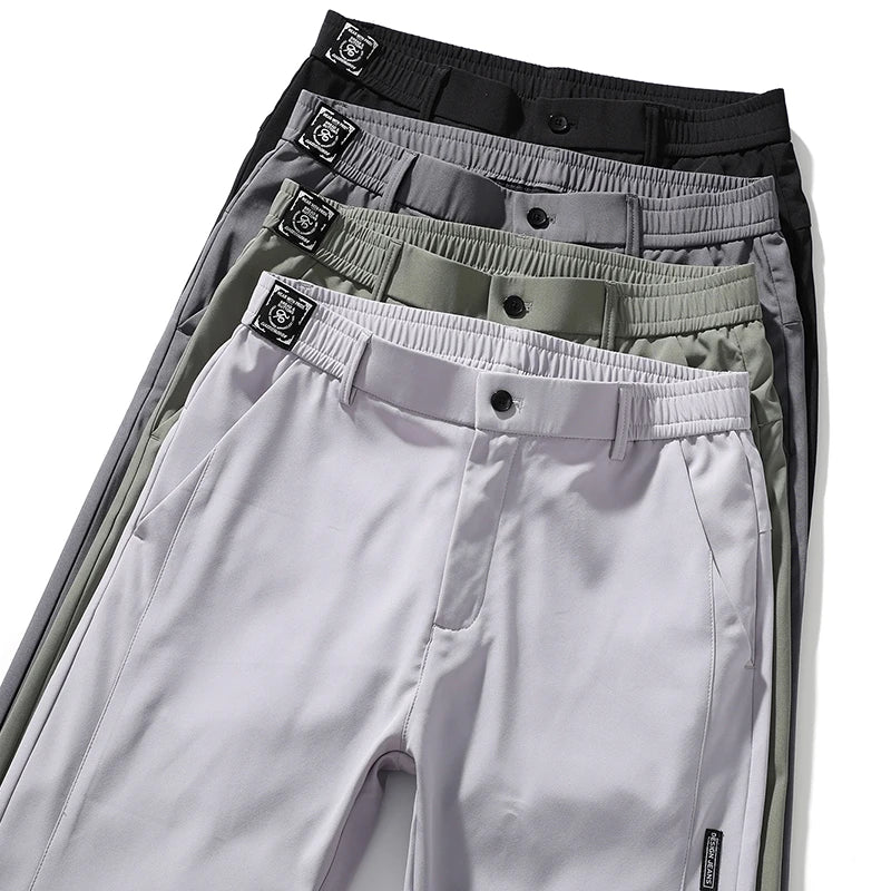 Summer Thin Ice Silk Stretch Men's Pants Business Casual Elastic Waist Smooth Trouser Suit Pants Male Brand Clothing