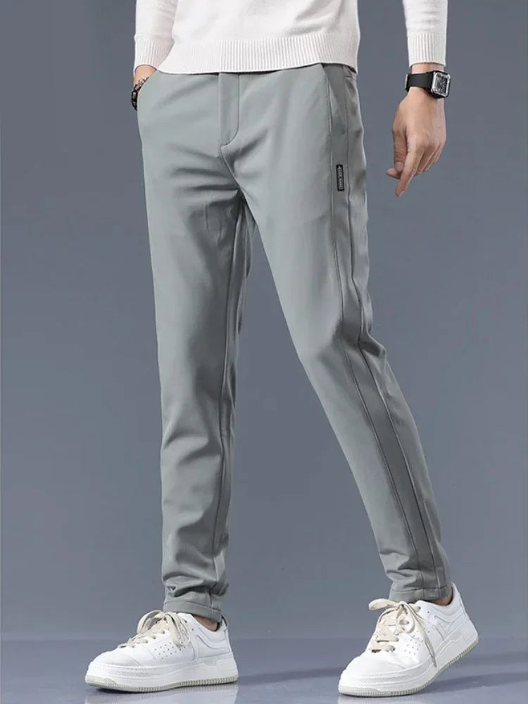 Elastic Men's Casual Trousers Summer Ultra-thin Ice Silk Slim Straight Business Pants Quick-drying Sweatpants Black Gray