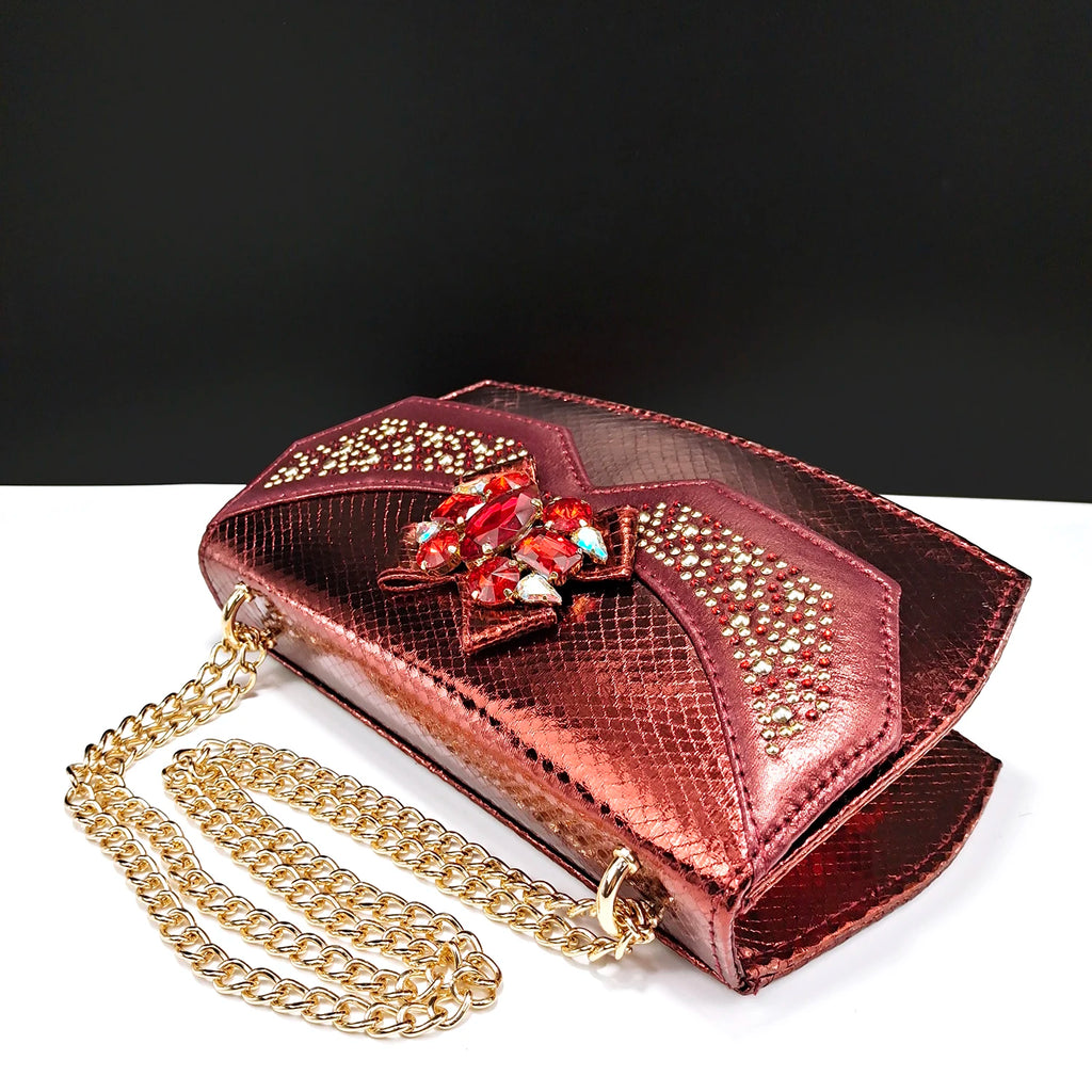 Italian Design Faux Snakeskin Texture Red Shoes And Bags