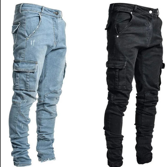 Men Jeans Pants Wash Solid Color Multi Pockets Denim Mid Waist Cargo Jeans