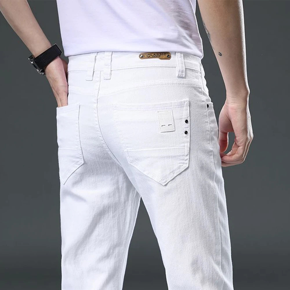 2025 Autumn Men's White Slim Fit Straight Jeans Casual Stretch Denim Pants Comfortable Fashion Streetwear Male Brand Clothing