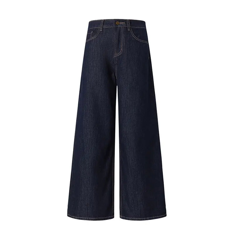Lucyever Vintage Washed Wide Leg Jeans Women Deep Blue High Waist Baggy Y2K Denim Pants Lady Streetwear Casual Straight Trousers
