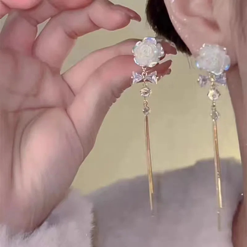 Gold Plated Crystal Leaf Tassel Drop Earrings for Women