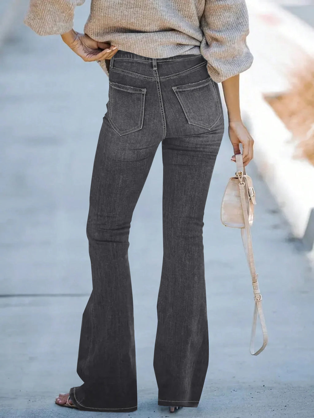 Women's solid color simple daily jeans fashion all-match washed diagonal pocket horn jeans