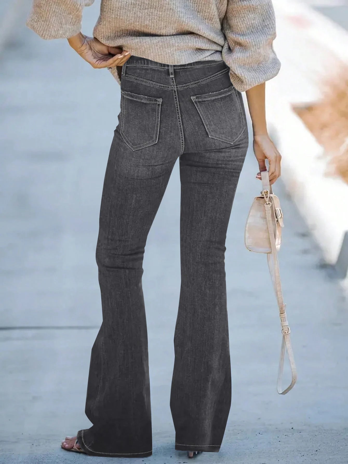 Women's solid color simple daily jeans fashion all-match washed diagonal pocket horn jeans