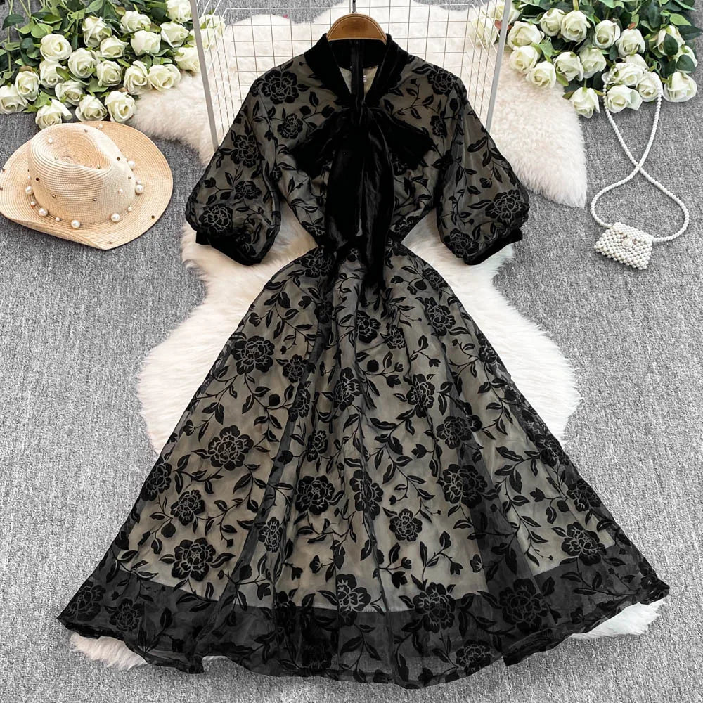 Elegant Flocking Tulle Flower Long Dresses