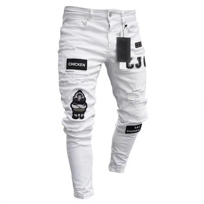 White Embroidery Skinny Ripped Jeans Men Cotton Pants