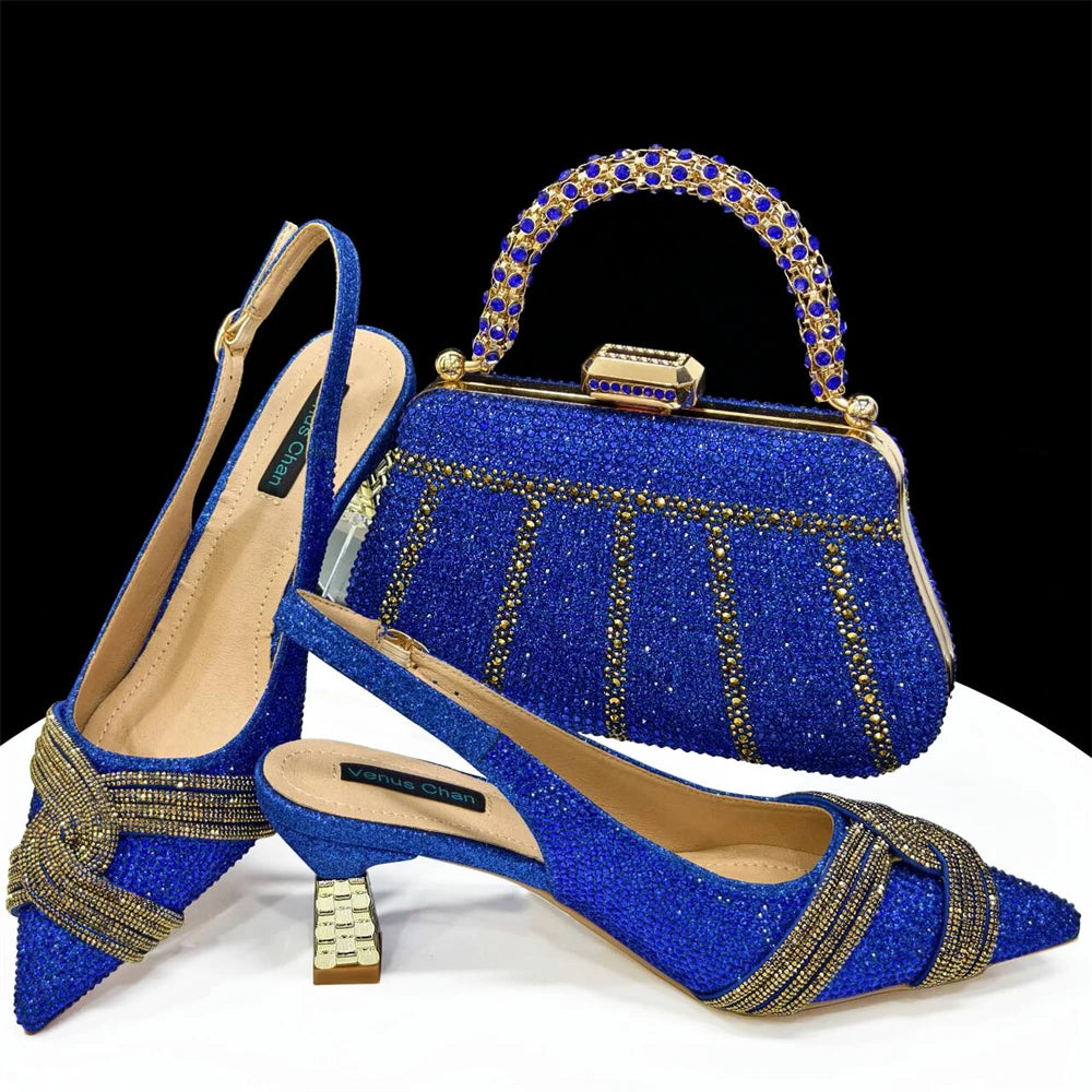 Women Shoes and Bag Set Champagne Color Rhinestone Handbag