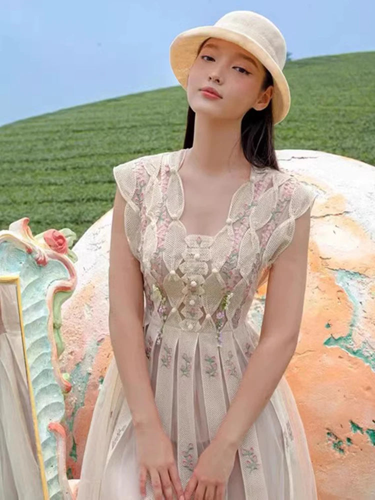 Retro Flower Embroidered Flares Dresses Spring Women V-Neck Sleeveless Long Dress Summer High Waist Big Swing Knee Length Dress