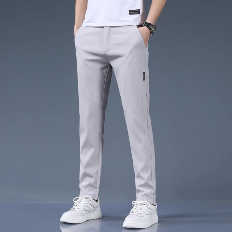 Summer Thin Ice Silk Stretch Men's Pants Business Casual Elastic Waist Smooth Trouser Suit Pants Male Brand Clothing