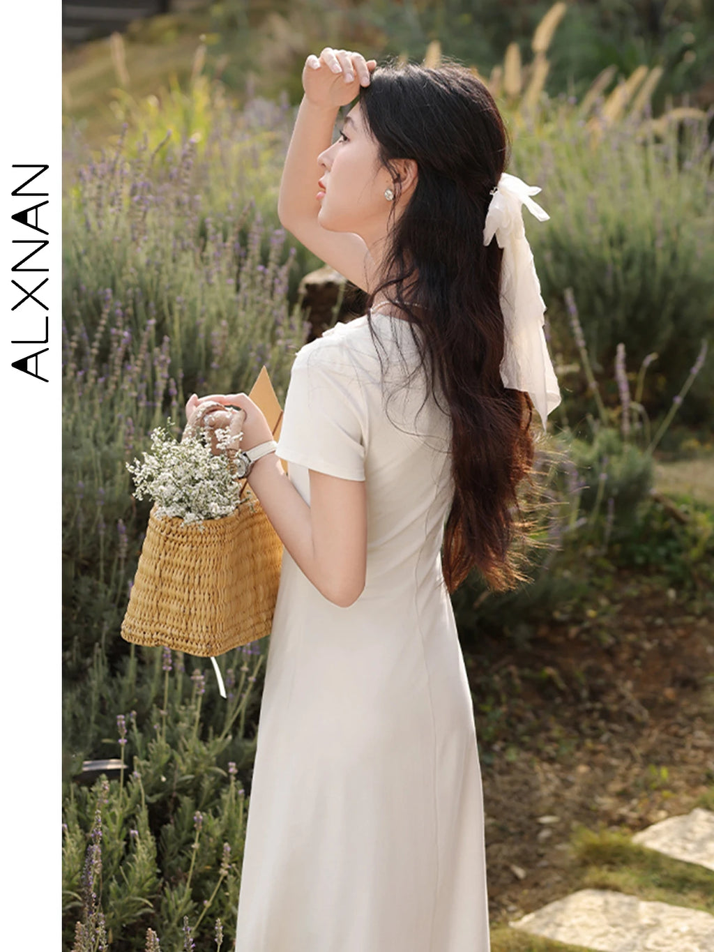 ALXNAN Women's Dress Long Elegant Holiday Party Dress 2025 Summer Pearl Beaded Lace Patchwork Design Chic Casual Clothing L55219