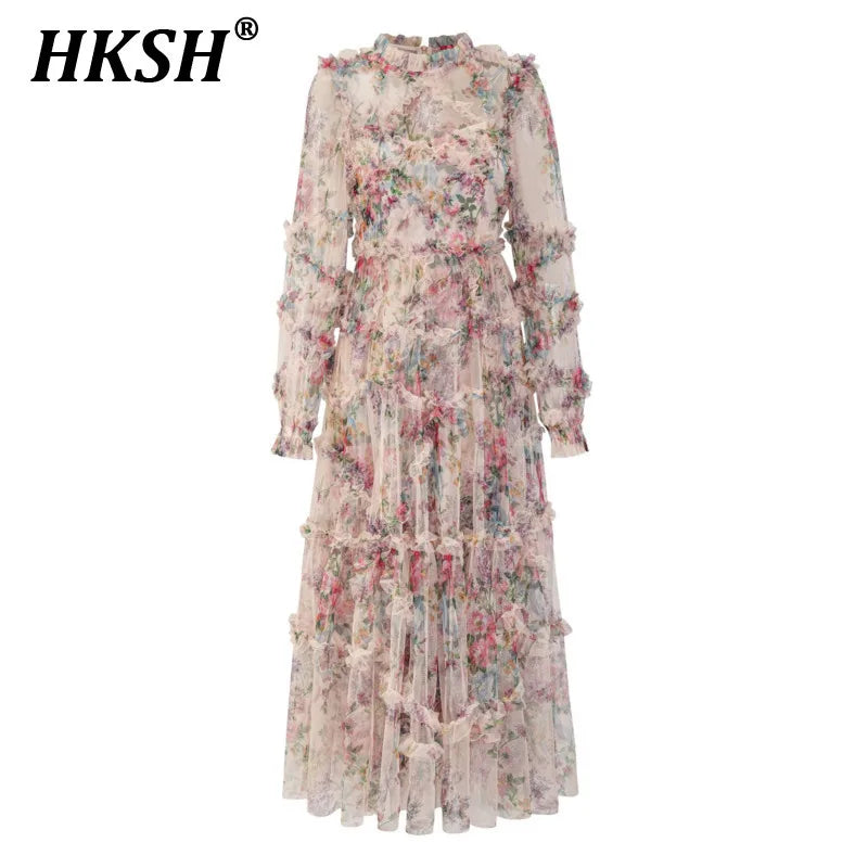 Women's Tide Long Sleeve Skirts Floral Organza Pleated