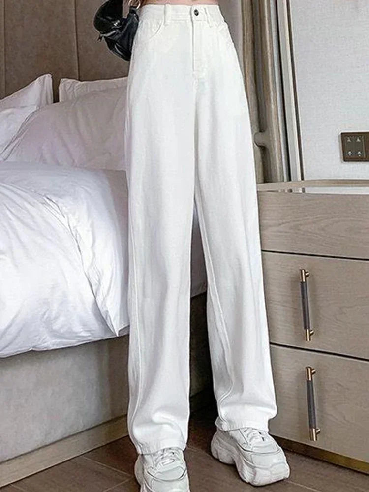 Women Spring High Waist Loose Denim Wide Leg Jeans Lady Street Korean Version Baggy Pants White Fashion Straight Leg Trousers