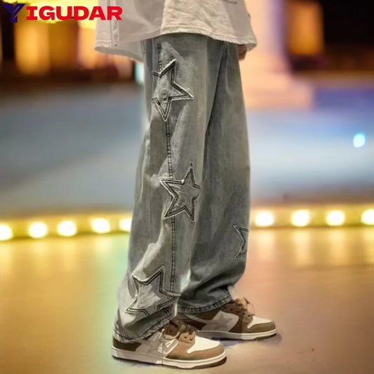 Star Embroidery Straight Casual Men Jeans Neutral Wide Leg Loose Hip-hop