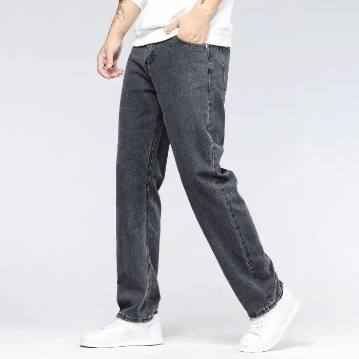 Men's Korean Fashion Baggy Jeans Classic All-match Solid Color Straight-leg Denim Wide-leg Pants Male Light Blue Black Grey
