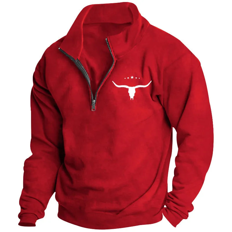 Men's Long-Sleeved Sweatshirt Autumn Winter Fleece European American Style Half-Zipper Stand-Up Collar Solid Color Bull Head Pri