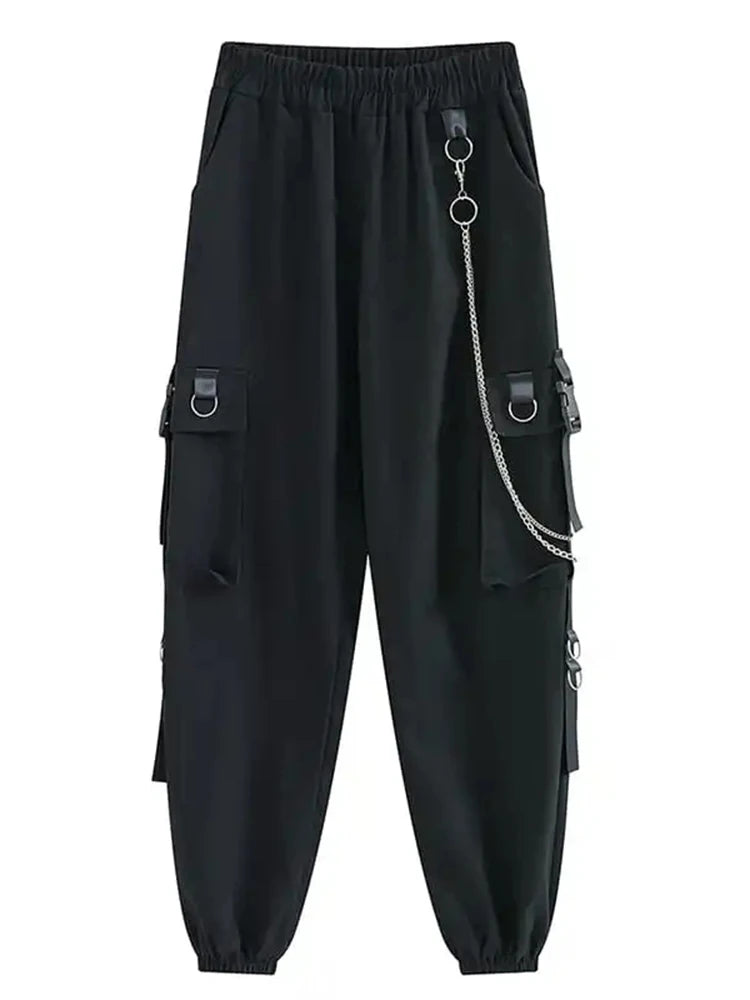 ZOKI Gothic Women Cargo Pants Black Joggers High Waisted Harajuku Harem Pants