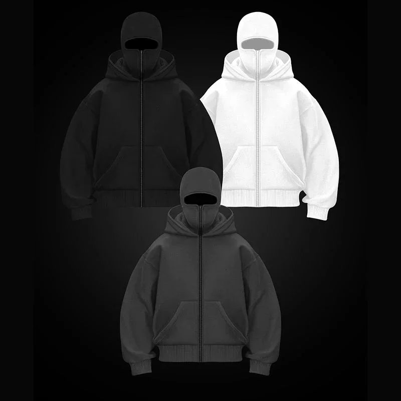 Men and women Balaclava Y2K Gothic Harajuku winter new item double hooded sweatshirt men's hooded mask zipper sportswear