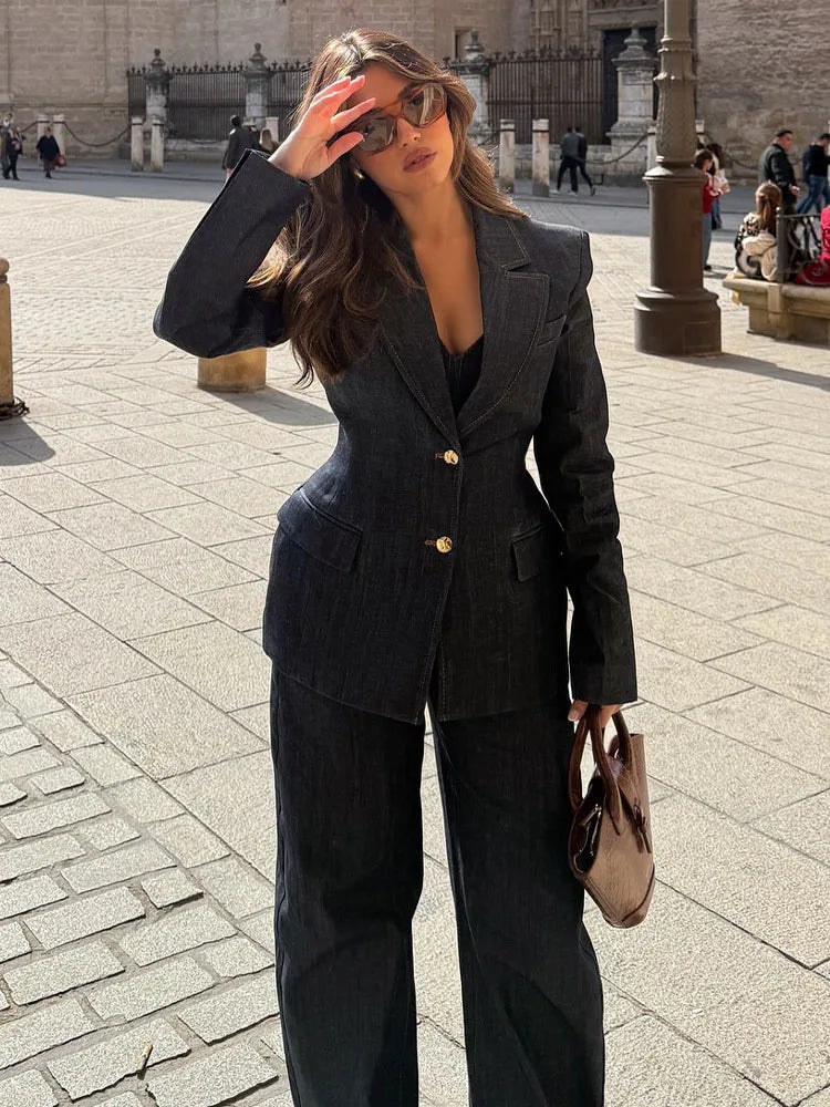TRAFZA Spring New Denim Blazer Pant Suit Women Solid Single Breasted Coat+Elegant Office Lady Vintage Female Wide Leg Long Jeans