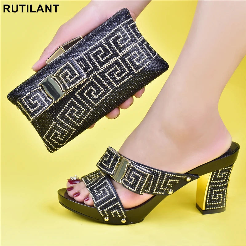 Party Shoe and Bag Sets Black Color Women Matching Shoes and Bag Set
