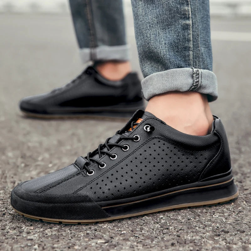 New Men's Leather Breathable Casual Shoe  Outdoor Perforated Laced Flat Shoe  Lightweight  Soft -Soled Comfortable Walking Shoes
