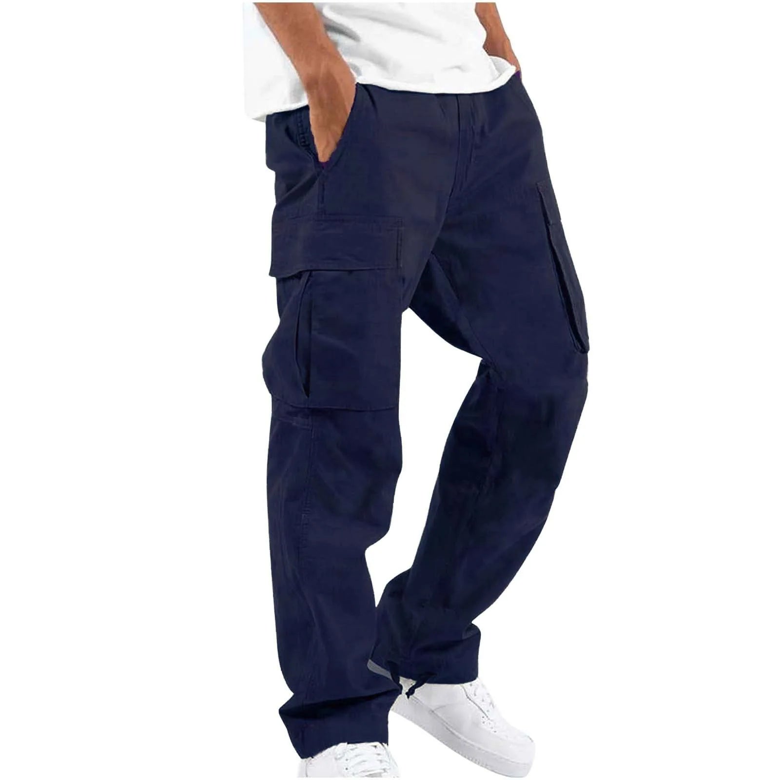 Cargo Pockets Casual Male High Elastic Waist Pocket Wide Leg Trousers
