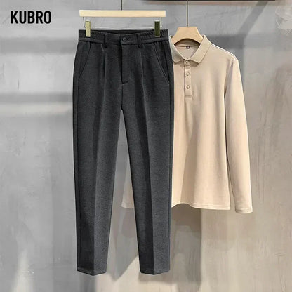 Men Thick Business Elastic Waist Classic Grey Brown Woolen Trousers Male