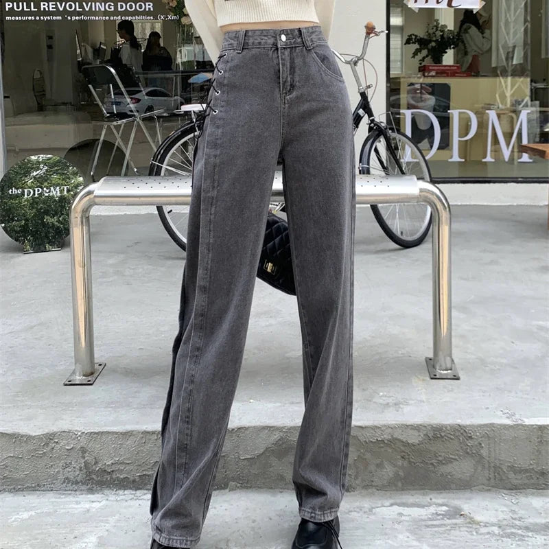 Casual Jeans Women Denim Pants Straight Trousers Autumn Spring Fashion Female Vintage Solid Lace Up Jeans Wide Leg Pants